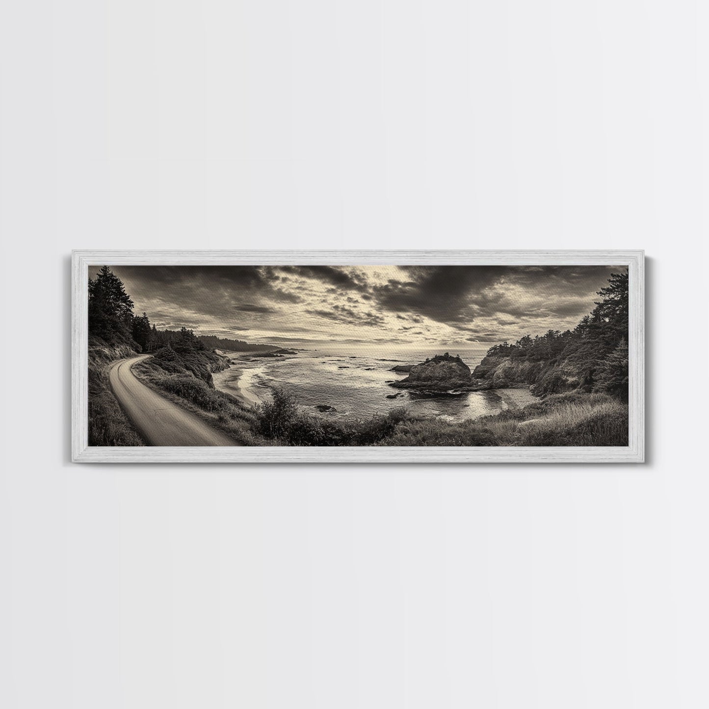 Coastal Road, Ocean Sunset, Rocky Shoreline, Framed Canvas Print, Moody Landscape Photography, Living Room Wall Art, Rustic Nature Decor