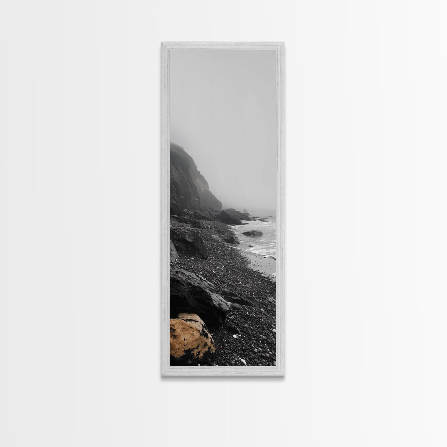 Foggy Cliffs, Coastal Rocks, Moody Ocean Photography, Canvas Print, Minimalist Seascape, Bathroom Decor, Calm Gray Tones, Nature Print