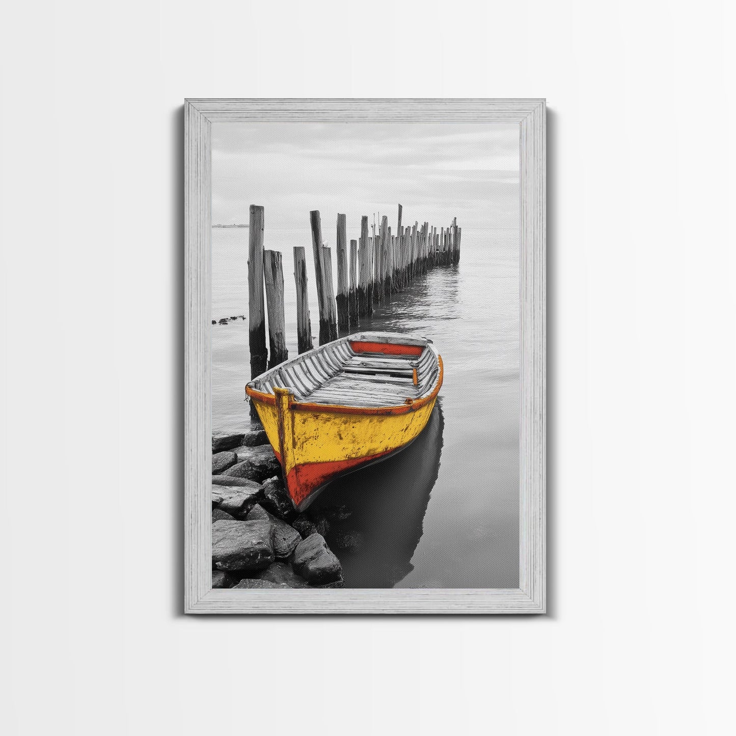 Yellow Rowboat, Coastal Mood, Pier View, Nautical Nostalgia, Framed Canvas Print, Beach House Wall Art, Rustic Seaside Decor