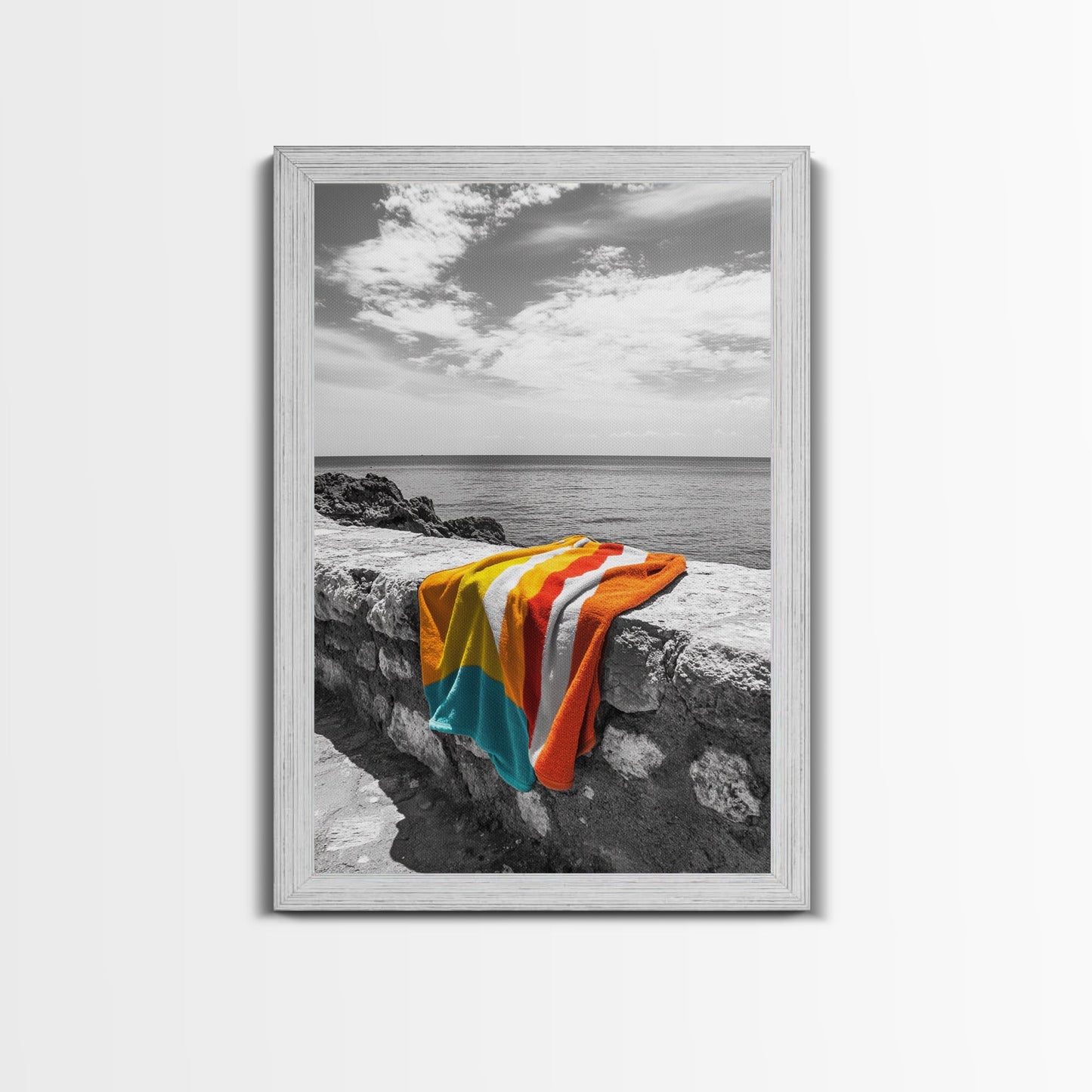 Colorful Towel, Coastal Vibes, Seaside Style, Bold Decor, Framed Canvas Print vibrant beach towel photo, bathroom wall art, summer art