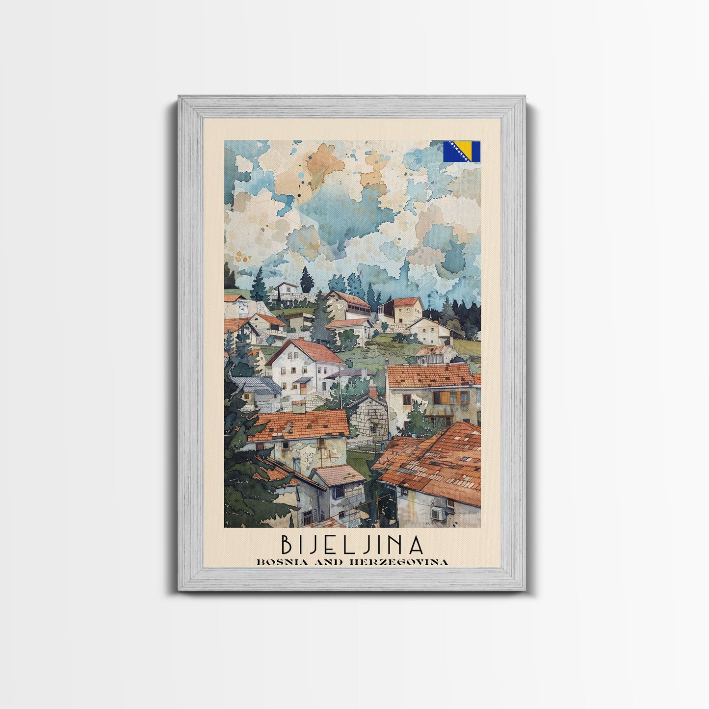 Bijeljina Bosnia and Herzegovina Travel Poster Framed Canvas Print, Watercolor Art, Home Decor, Wall Art, Travel Print