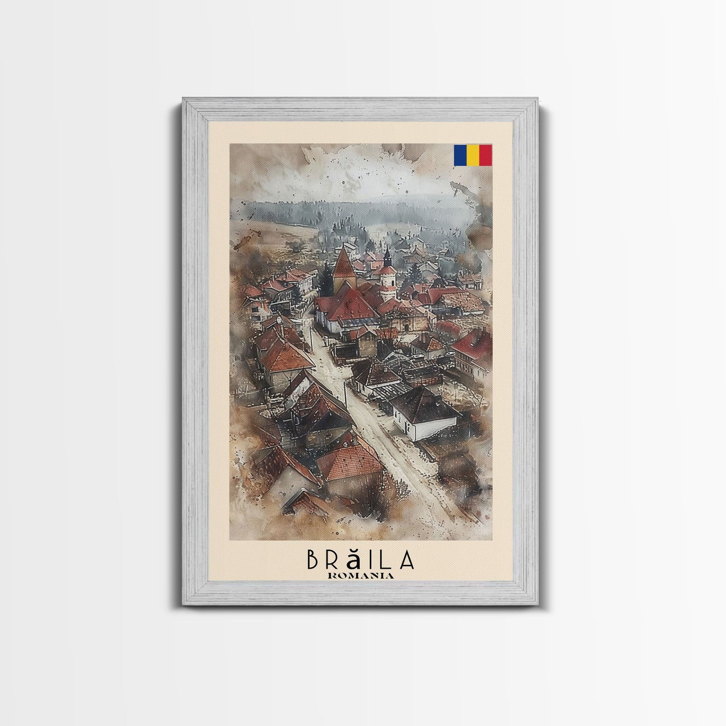 Brăila Romania Travel Poster Framed Canvas Print, Cityscape Art, Wall Decor, Travel Print, Watercolor Painting, Rustic Scene Art