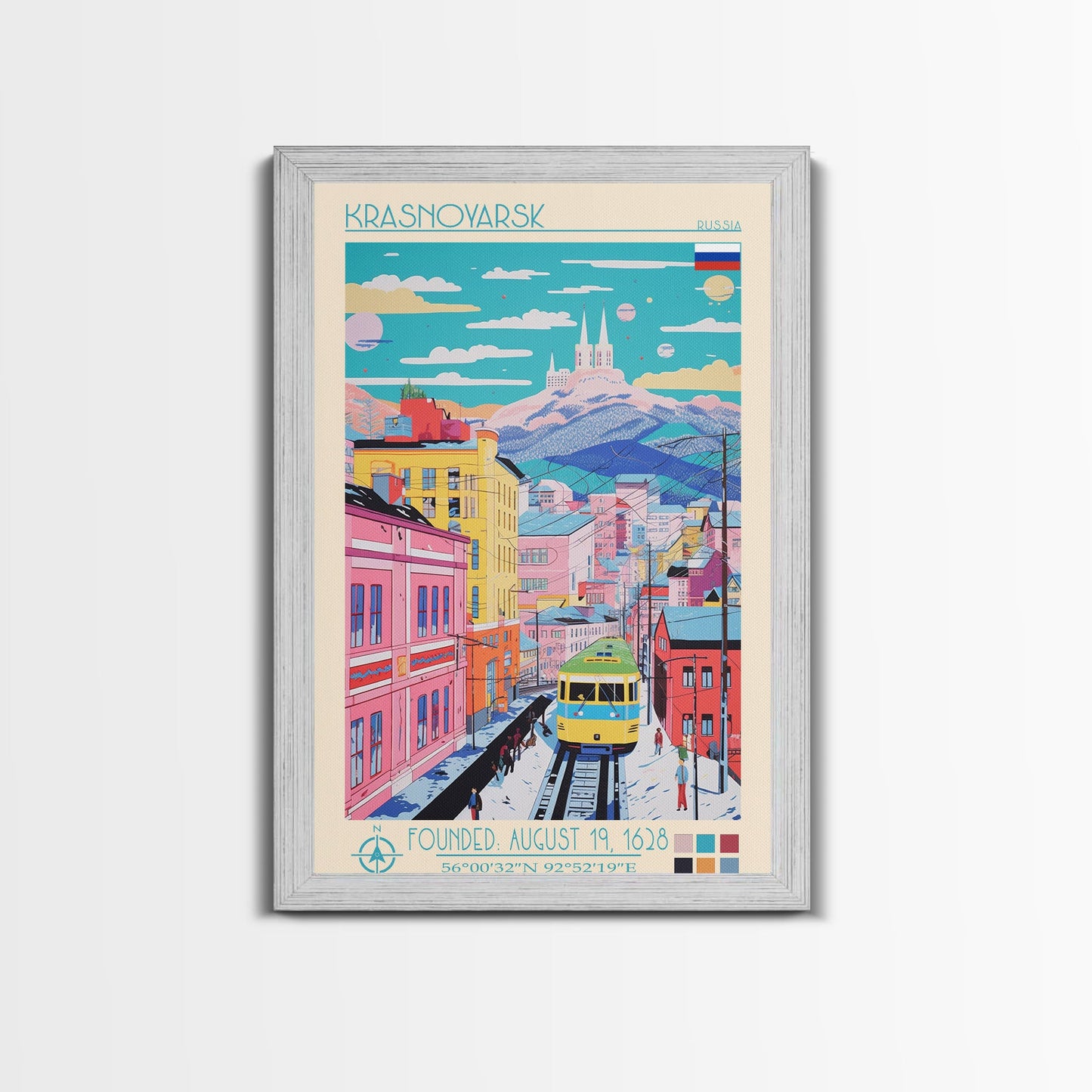 Krasnoyarsk Russia Travel Poster Framed Canvas Print, Midcentury Modern Art, Pop Art Wall Decor, Scenic Bedroom Art, Office Decoration