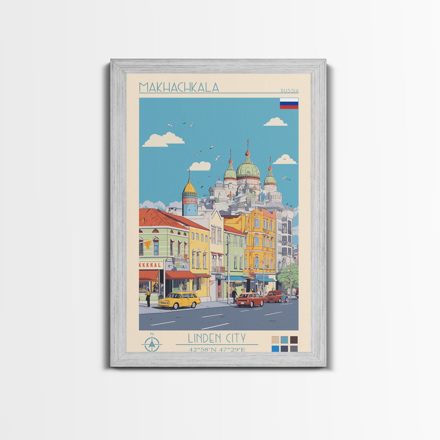 Makhachkala Russia Travel Poster Framed Canvas Print, Midcentury Modern Art, Pop Art Wall Decor, Scenic Wall Art, Living Room Decoration, Office Art