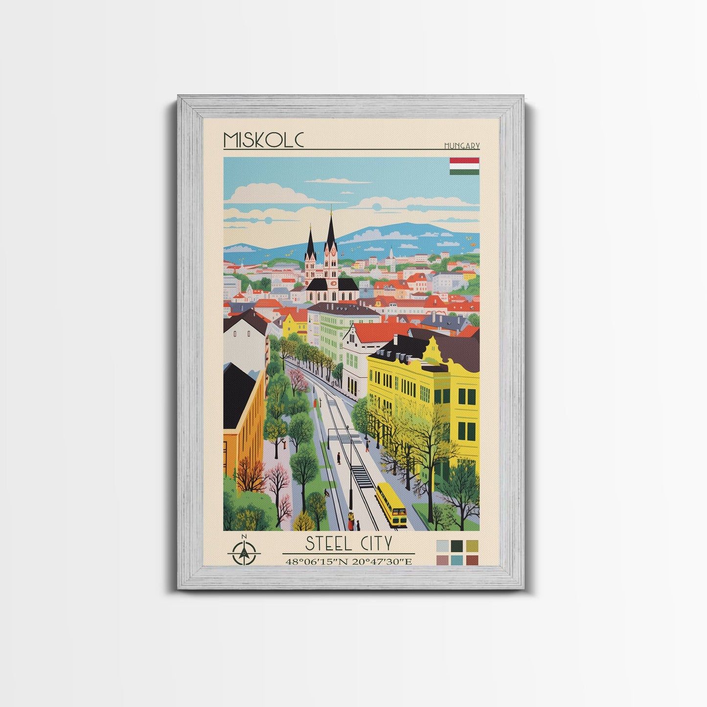 Miskolc Hungary Travel Poster Framed Canvas Print, Midcentury Modern Art, Pop Art Wall Decor, Scenic Living Room Art, Bedroom Decor
