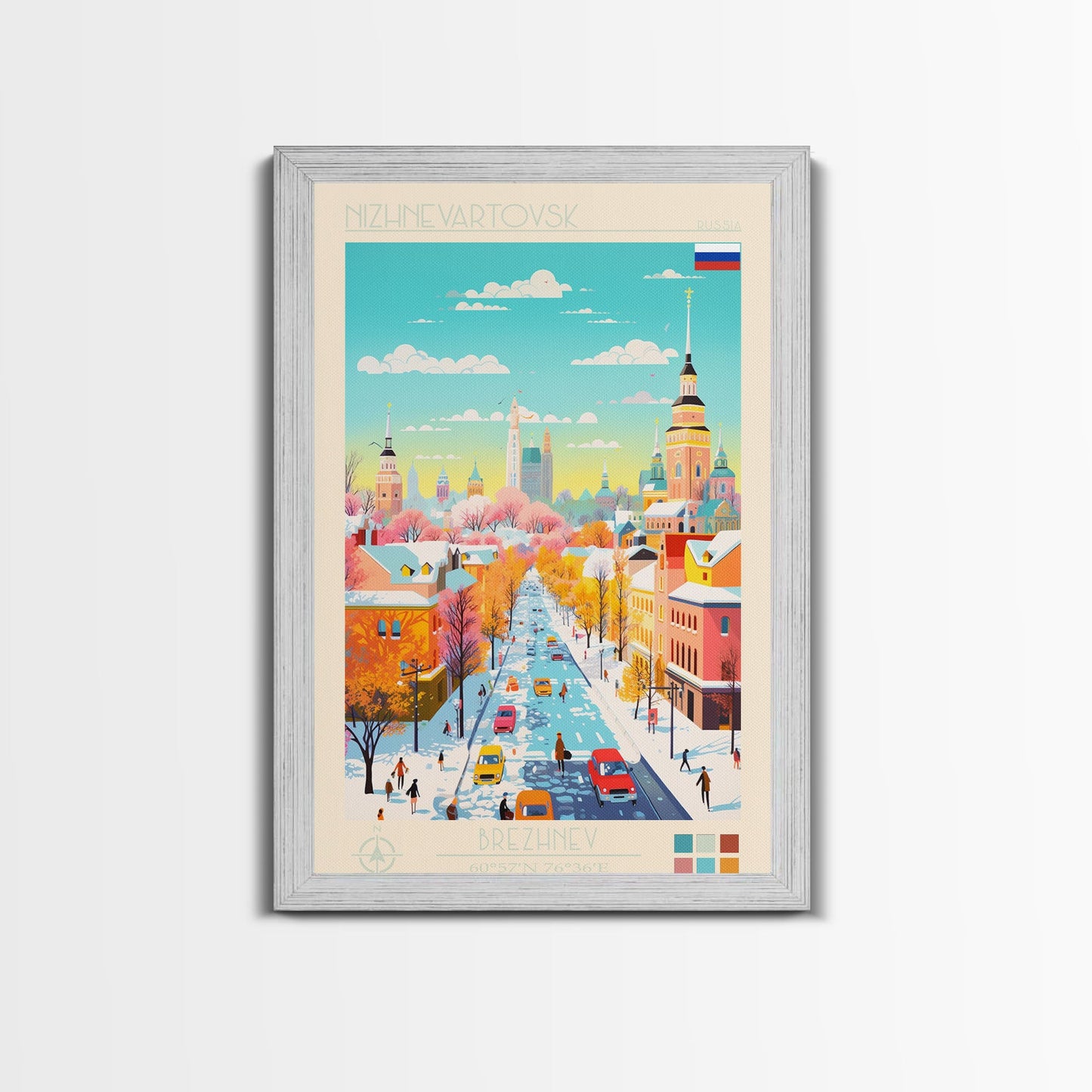 Nizhnevartovsk Russia Travel Poster Framed Canvas Print, Midcentury Modern Art, Pop Art Wall Decor, Scenic Wall Art, Living Room Decoration, Office Art