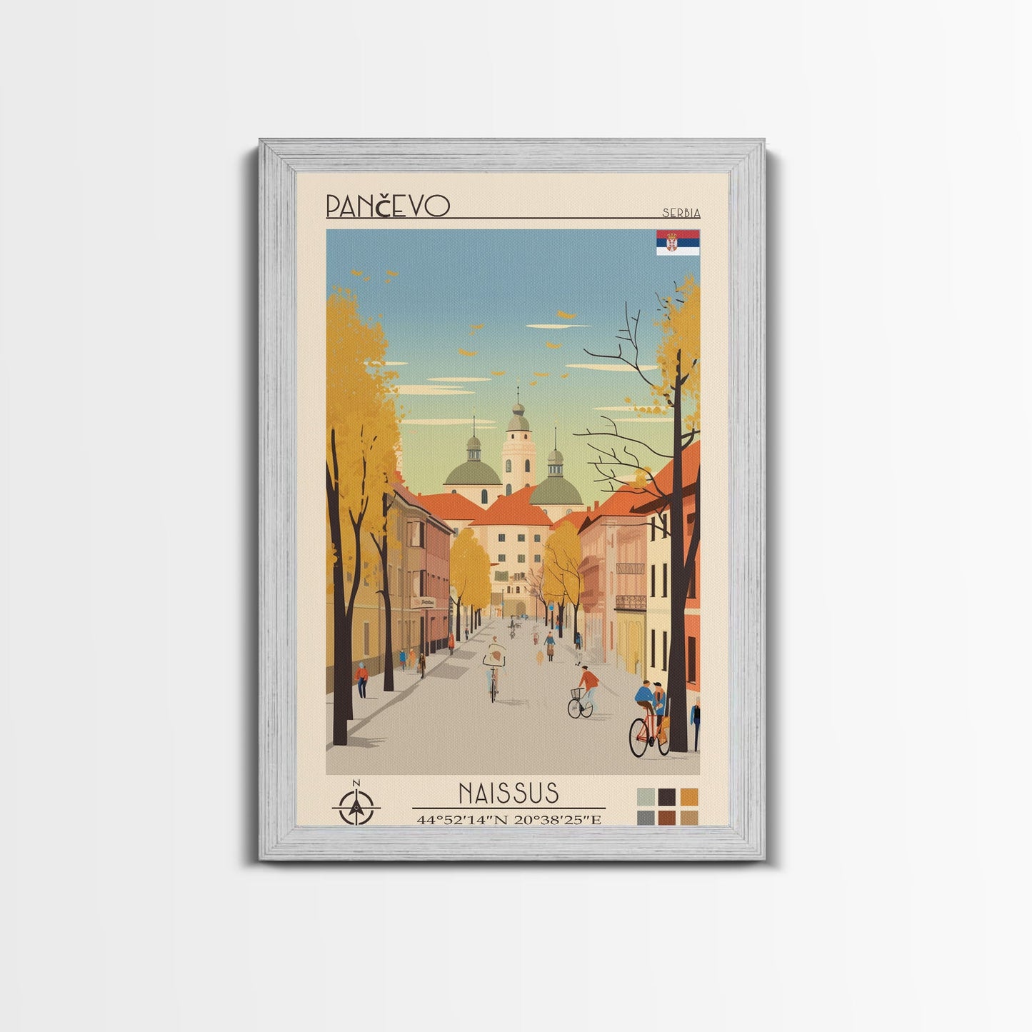 Pančevo Serbia Travel Poster Framed Canvas Print, Midcentury Modern Art, Pop Art Wall Decor, Scenic Wall Art, Living Room Decoration, Office Art