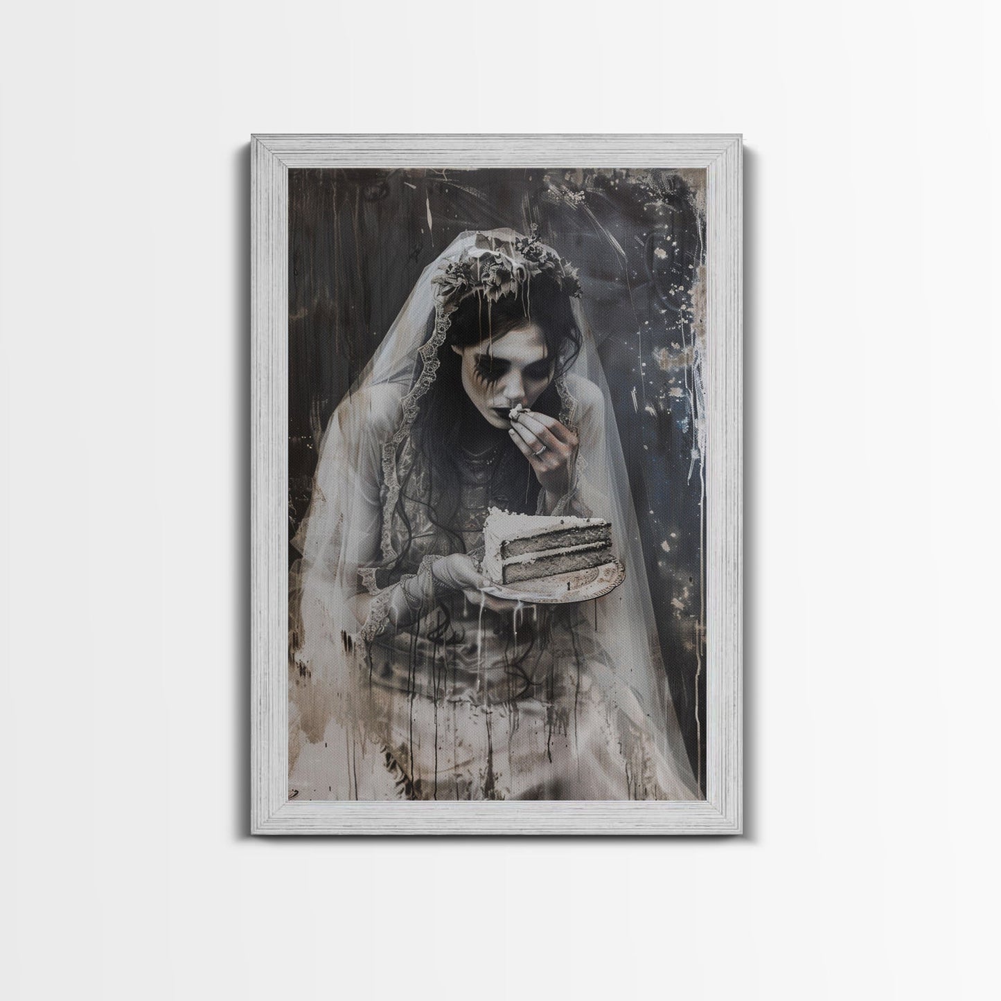 Melancholic Ghost Bride Having A Slice of Birthday Cake, Framed Canvas Print, Halloween Decor