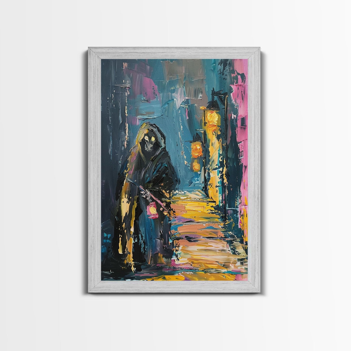 Halloween Grim Reaper with Lantern, Framed Canvas Print, Wall Art, Living Room Decor, Spooky, Grim Reaper Art, Original Painting