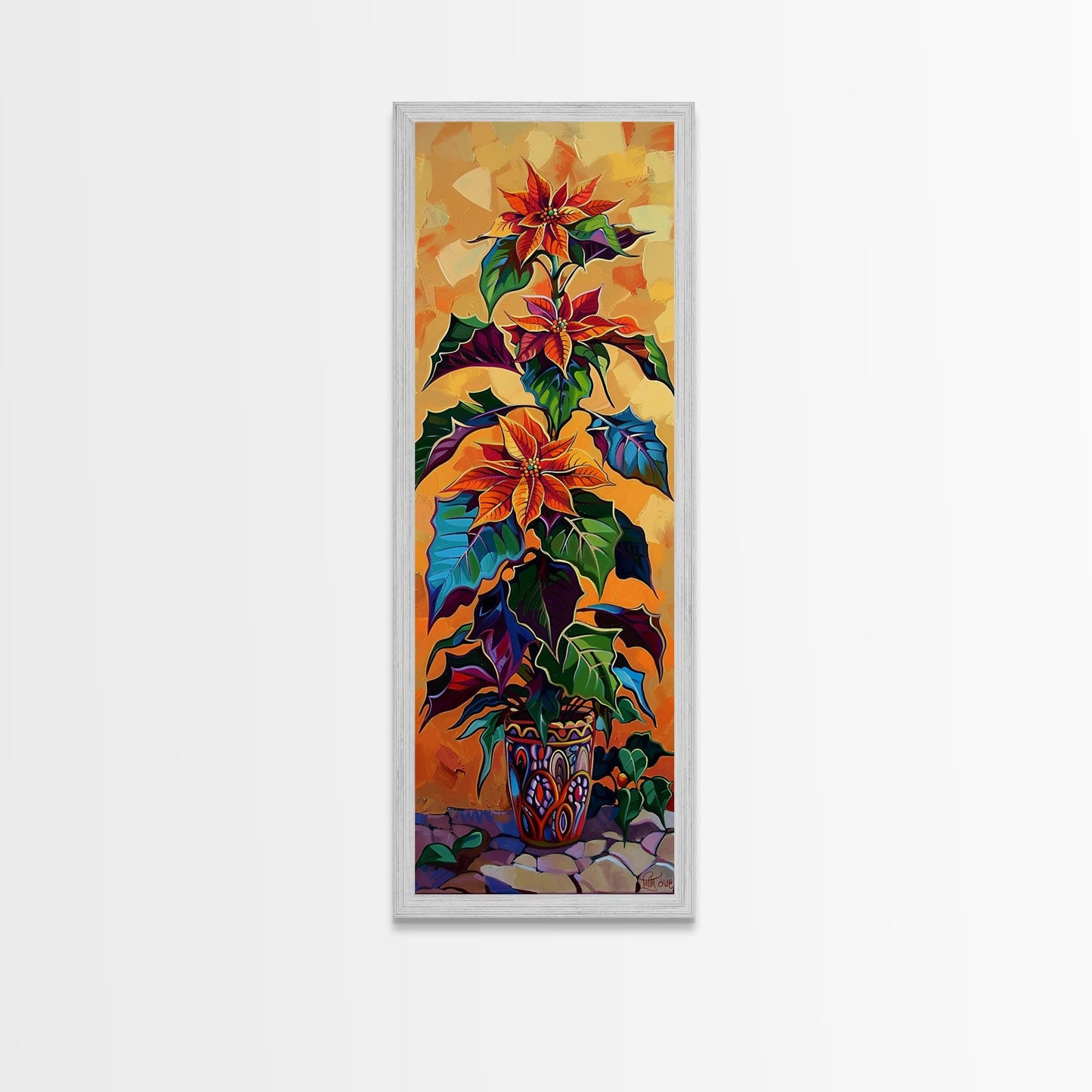 Oversized Spanish Style Poinsettia Canvas Painting Framed and Printed, Botanical Wall Art, Textured Canvas Painting, Vertical Framed Art