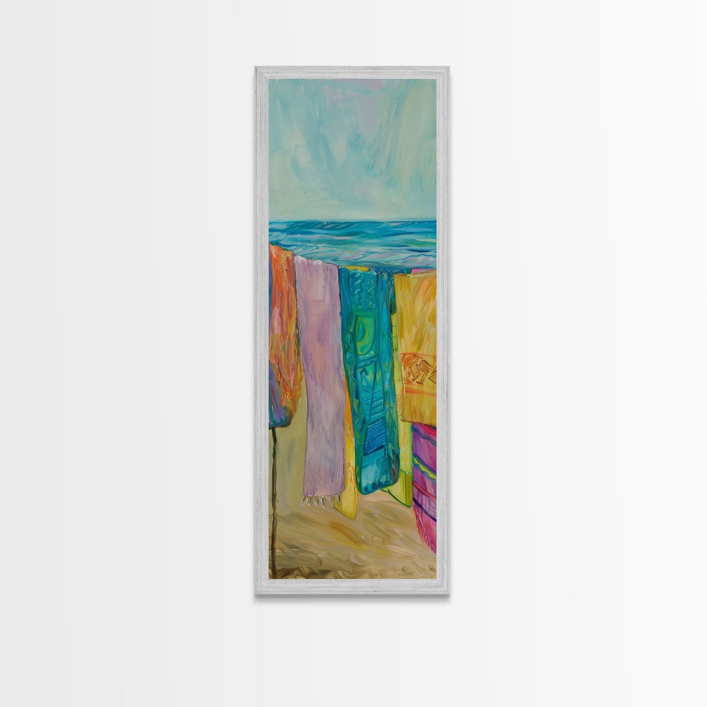 Colorful Laundry on Beach Landscape Art Print, Vertical Oversized Living Room Canvas Print Framed, Framed Wall Art for Laundry Room