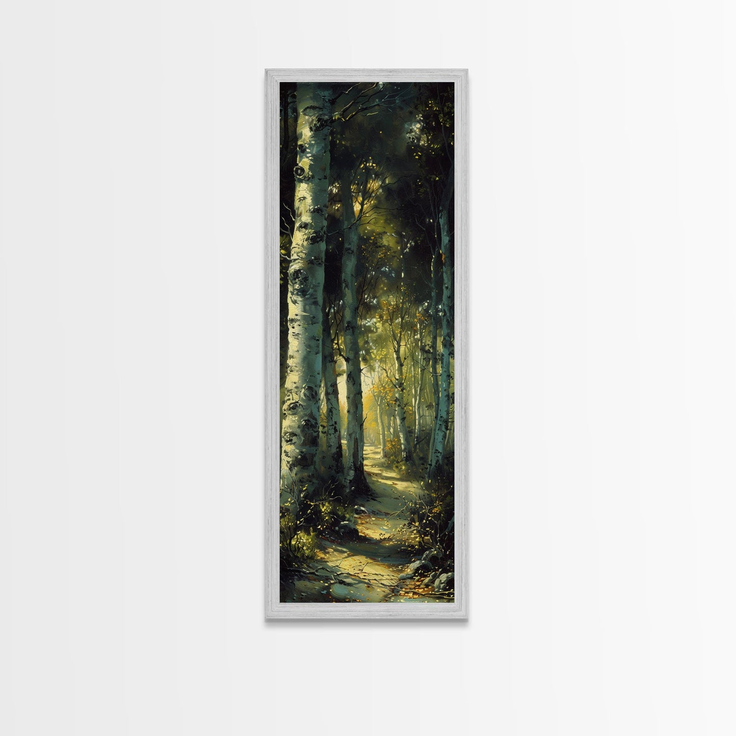 Serene Birch Tree Pathway in Tall Skinny Art Framed Canvas Print Perfect for Tranquil Wall Decor in Bedrooms or Study Rooms