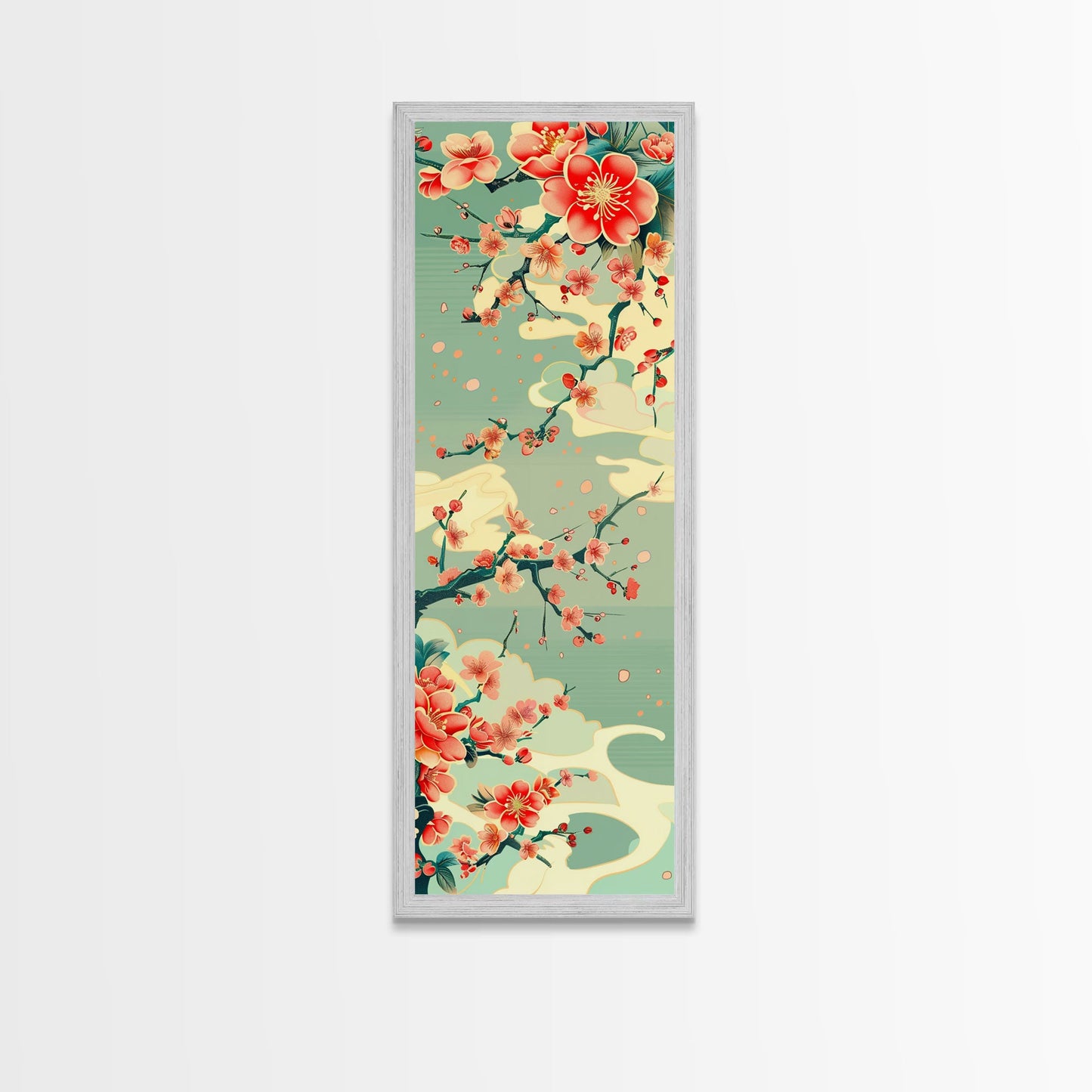 Plum Blossoms, Turquoise Sky, Japanese Art, Skinny Art, Tall Art, Framed Canvas Print, Ukiyo-e Style