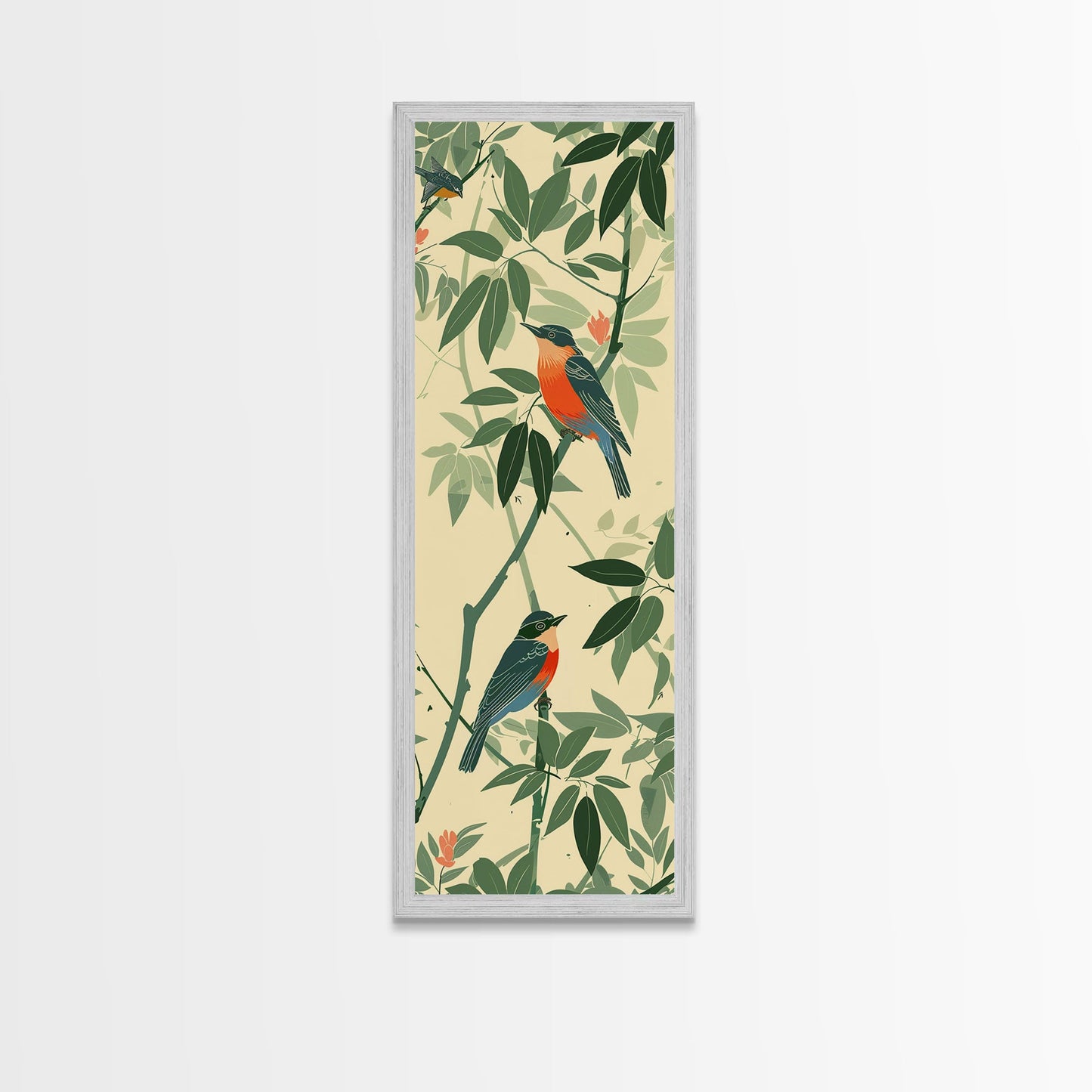 Skinny Art Tall Art Framed Canvas Print Birds Amongst Dense Greenery And Red Flowers Ukiyo-e Japanese Style Art Wood Block Print