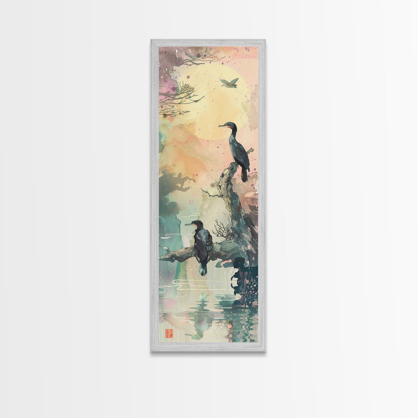 Orange Marigold Blossoms in Japanese Style Tall Skinny Framed Canvas Print - Ukiyo-e Wall Art