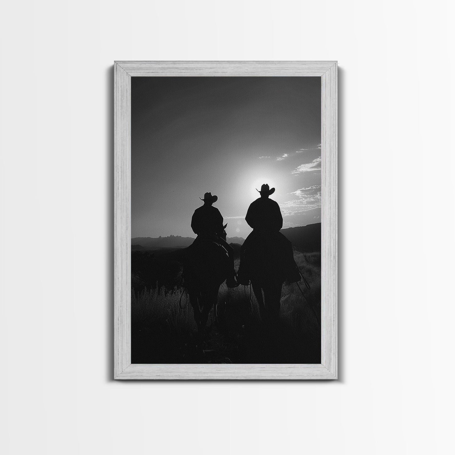 Silhouetted Cowboys on Horseback Riding into the Sunset for Western Wall Art, Canvas Prints, Home Decor, Living Room Art, Bedroom Art