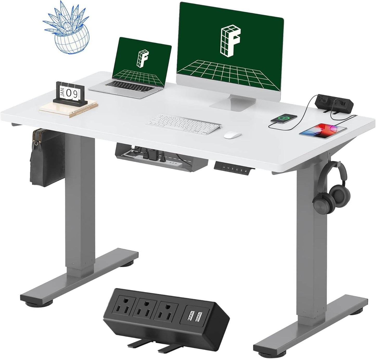 EN2 Height Adjustable Electric Standing Desk - 48"x30" with Clamp Power Strip & Cable Management (Gray Frame + Mahogany Top)