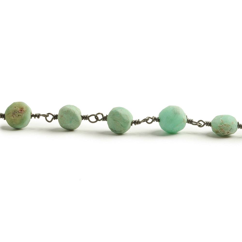 6.5-8mm Matte Chrysoprase plain coin Black Gold plated Chain by the foot with approximately 23 pieces