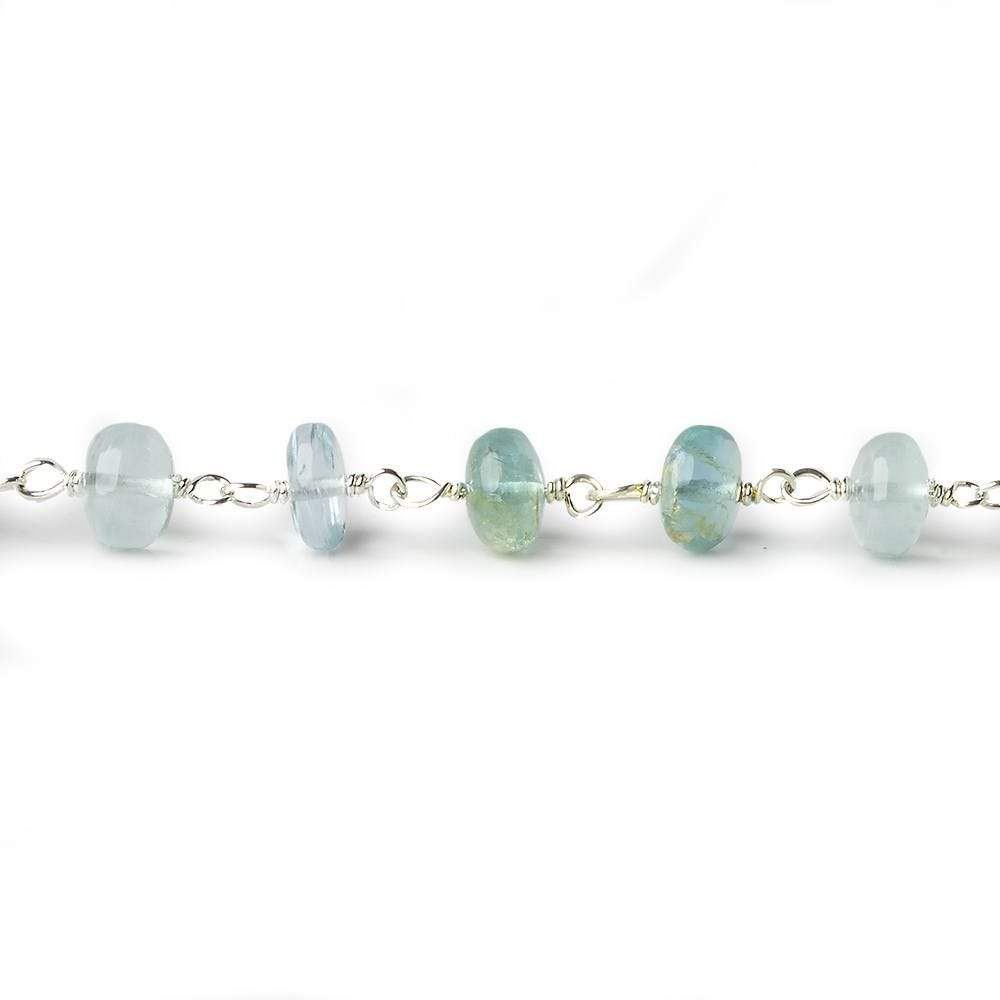 6.5mm Aquamarine plain rondelles Silver plated Chain by the foot 30 pcs