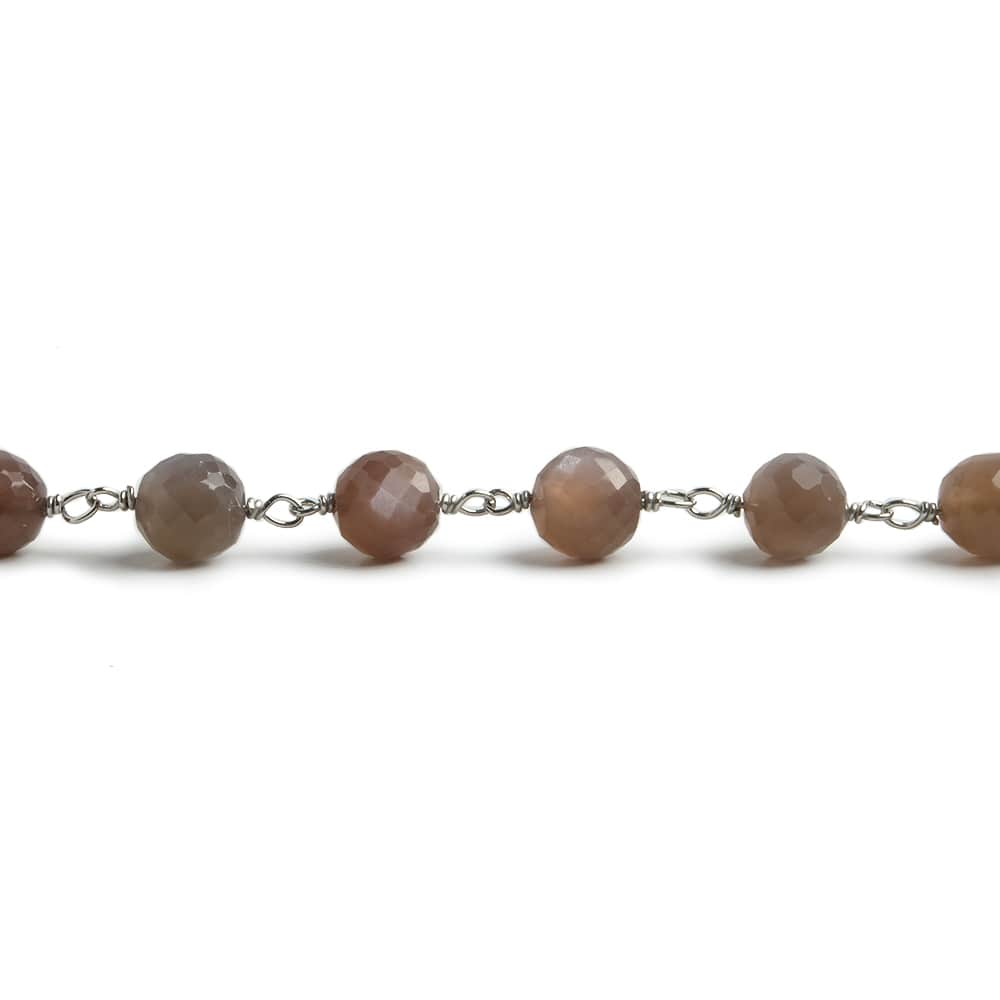 6.5mm Chocolate Moonstone faceted round .925 Silver Chain by the foot 24 pieces