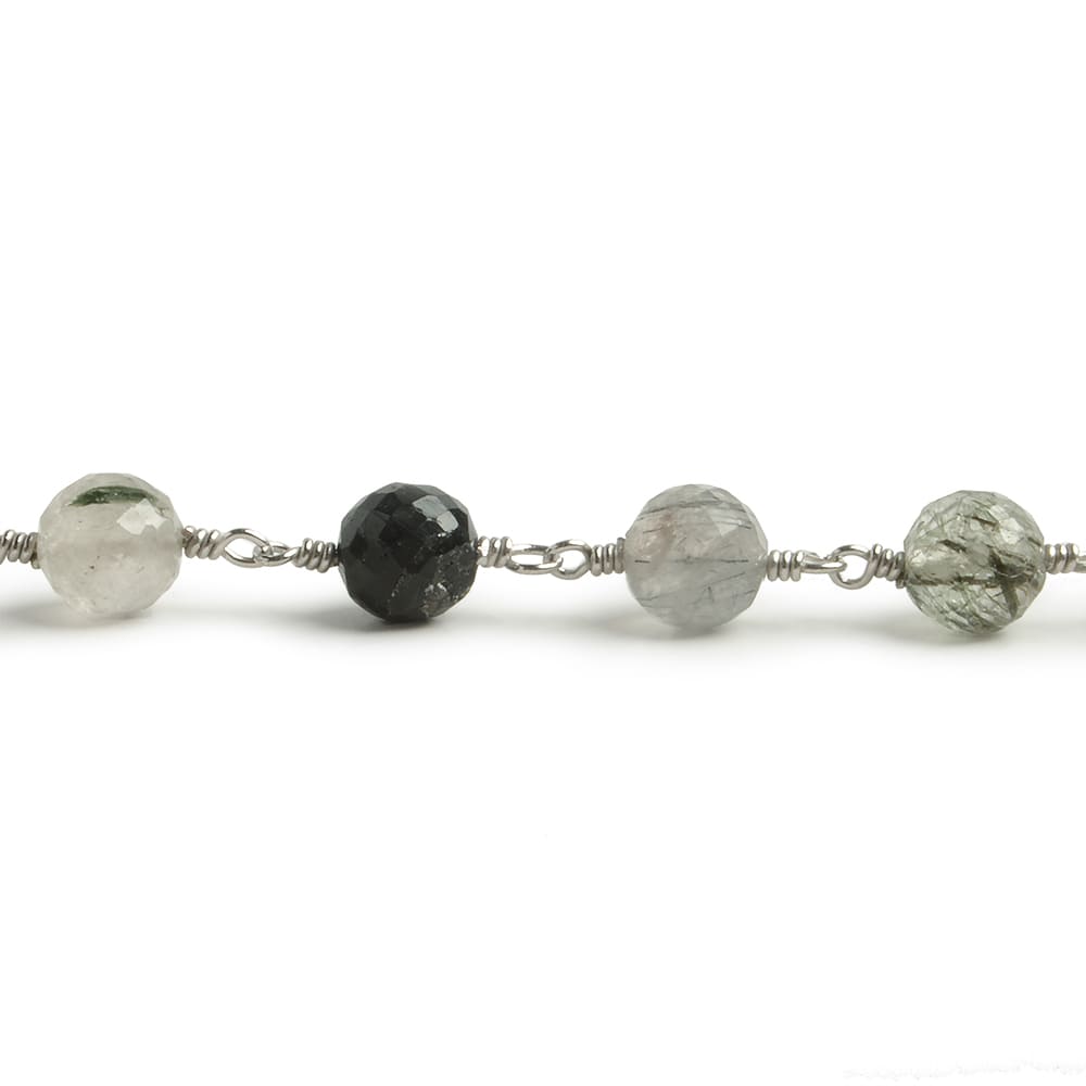 6.5mm Green Tourmalinated Quartz faceted round .925 Silver Chain by the foot 24 pieces