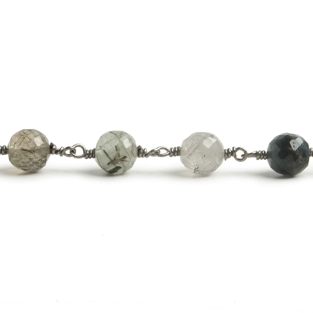 6.5mm Green Tourmalinated Quartz faceted round Black Gold .925 Silver Chain by the foot 24 pieces