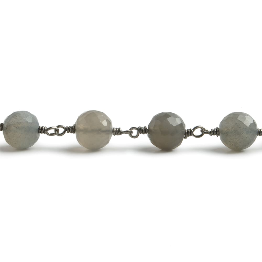 6.5mm Grey Moonstone faceted round Black Gold .925 Silver Chain by the foot 24 pieces