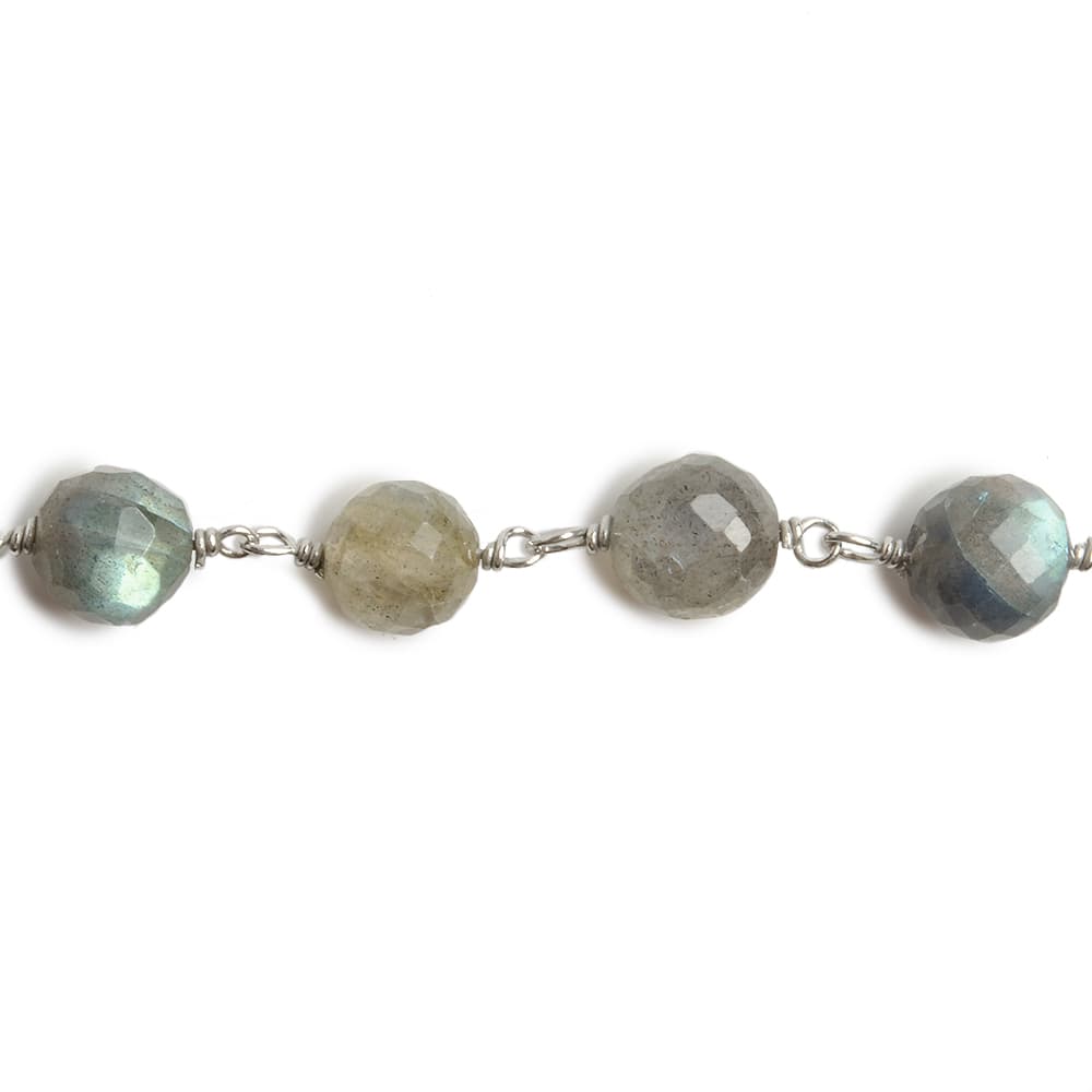 6.5mm Labradorite faceted round .925 Silver Chain by the foot 24 pieces