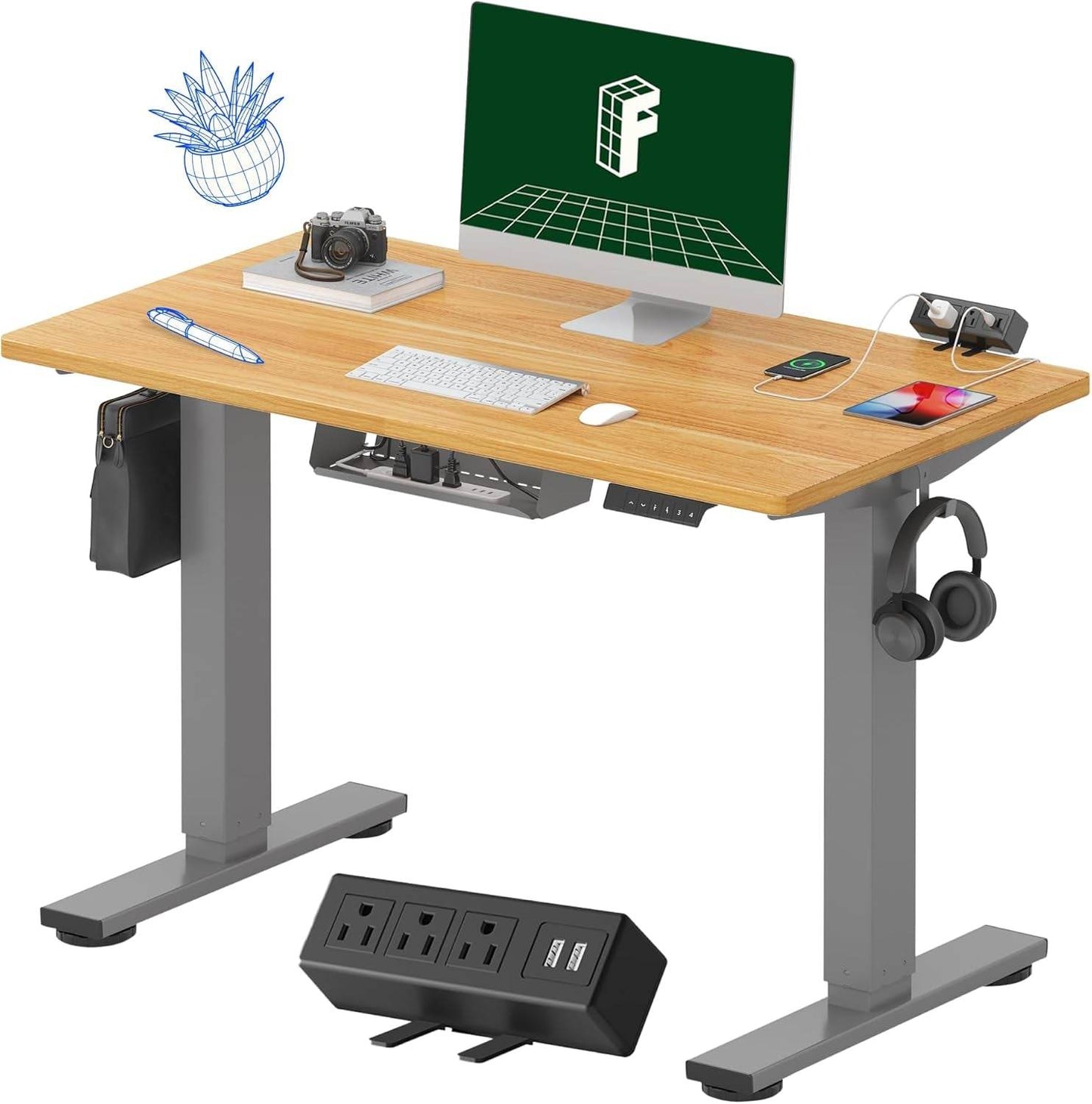 EN2 Height Adjustable Electric Standing Desk - 48"x30" with Clamp Power Strip & Cable Management (Gray Frame + Mahogany Top)