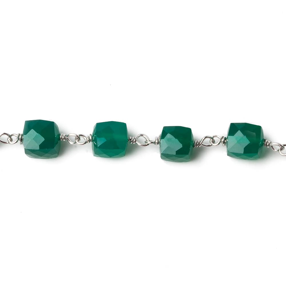 6mm Green Onyx faceted cube .925 Silver Chain by the foot 29 pieces