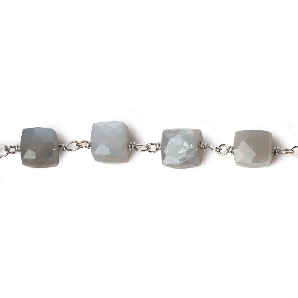 6mm Grey Moonstone faceted cube .925 Silver Chain by the foot 29 pieces
