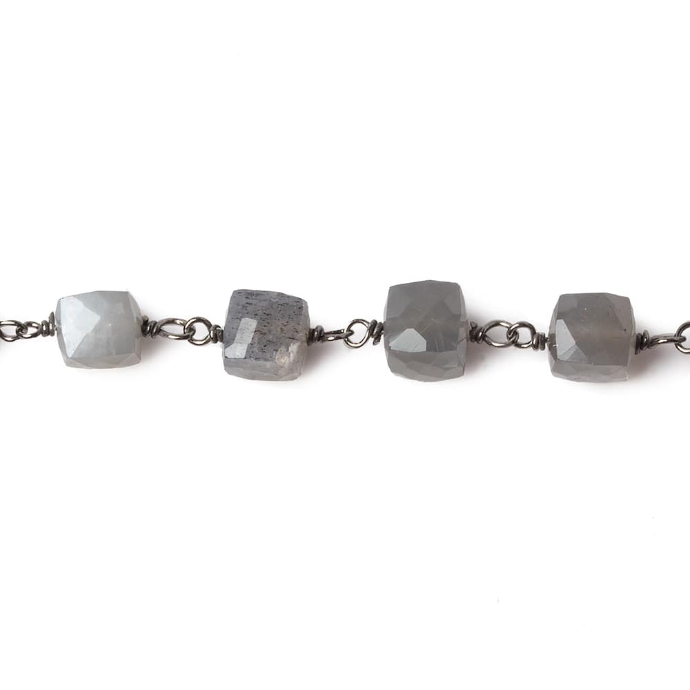 6mm Grey Moonstone faceted cube Black Gold .925 Silver Chain by the foot 29 pieces