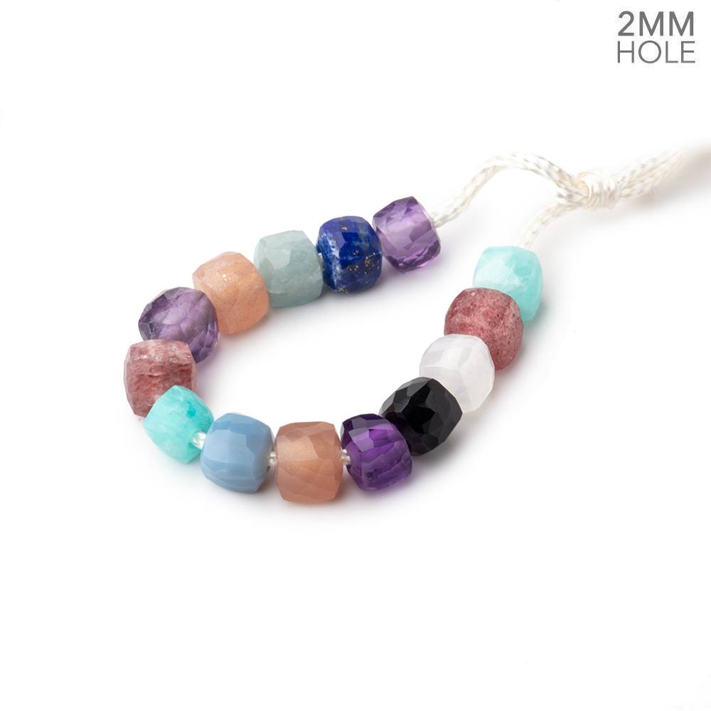 6mm Multi Gemstone 2mm Large Hole Faceted Cube Beads Set of 13