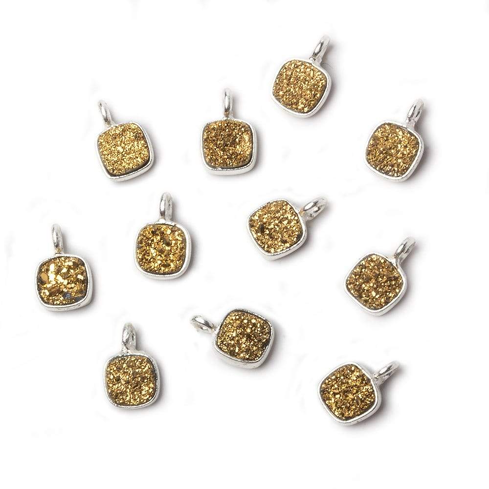 6mm Silver .925 Bezel Gold Micro Drusy Square Pendant 1 piece with side facing ring