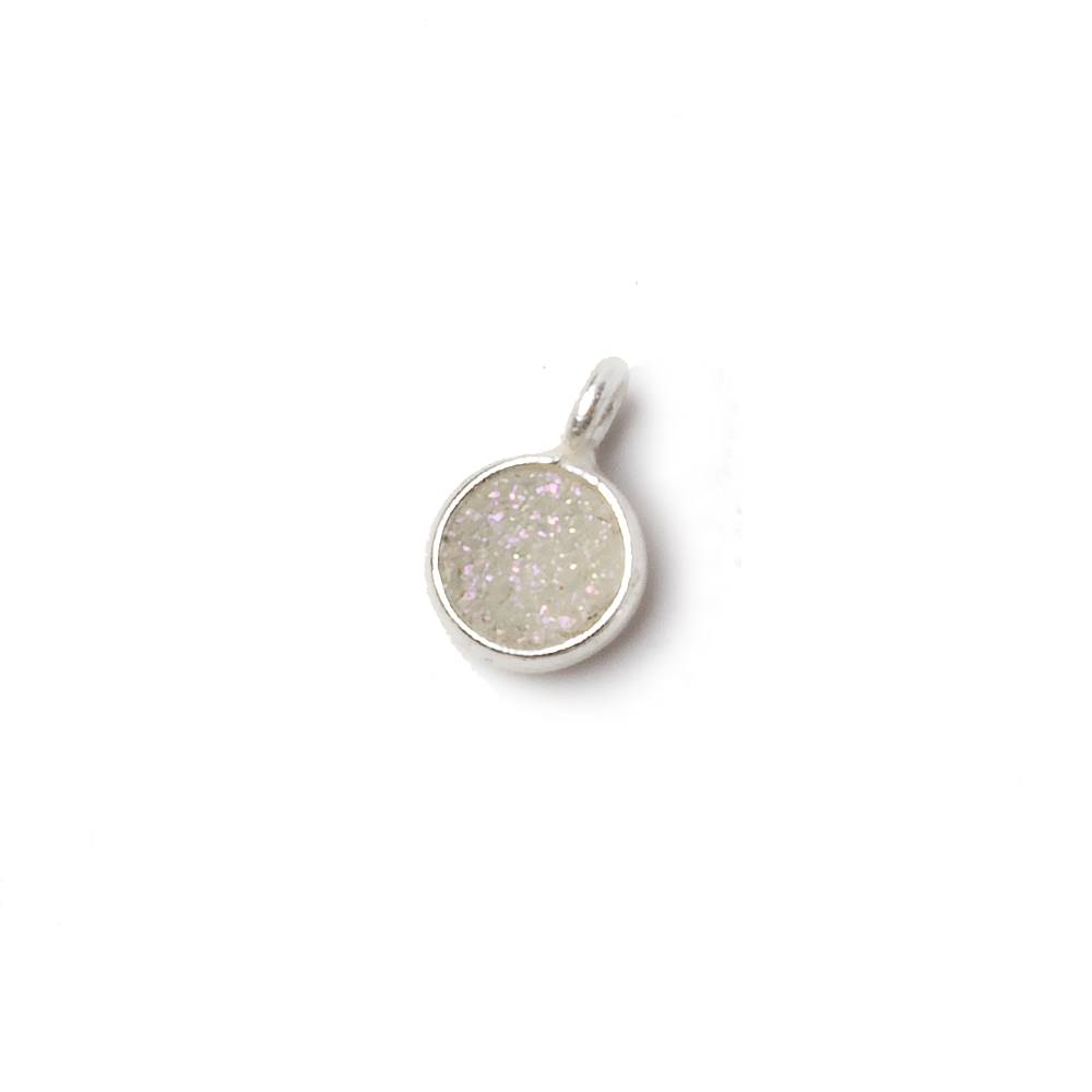 6mm Silver .925 Bezel Pearl White Gold Micro Drusy Coin Pendant 1 piece with side facing ring