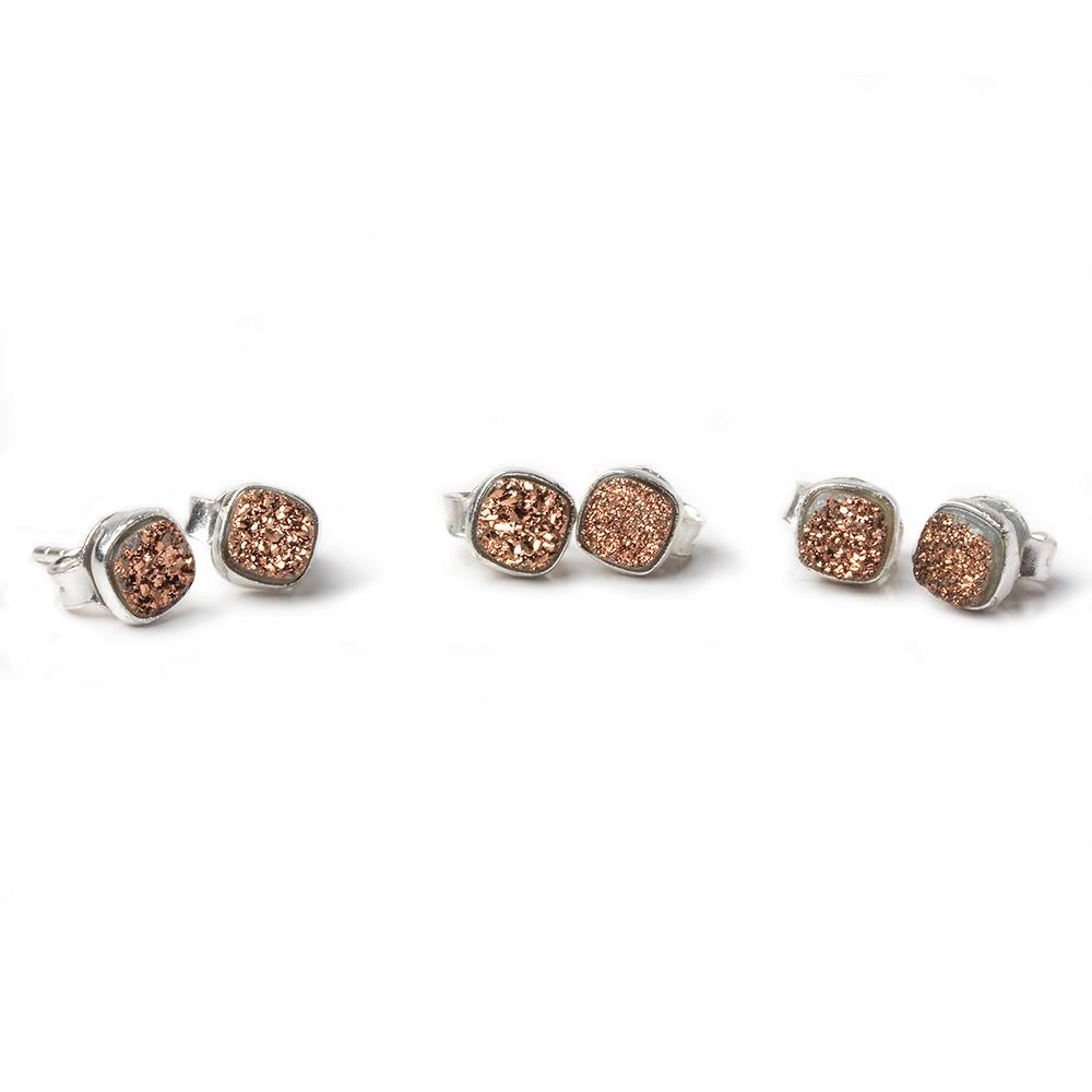 6mm Silver .925 Bezel Rose Micro Drusy Square Post Earring Set of 2 pieces