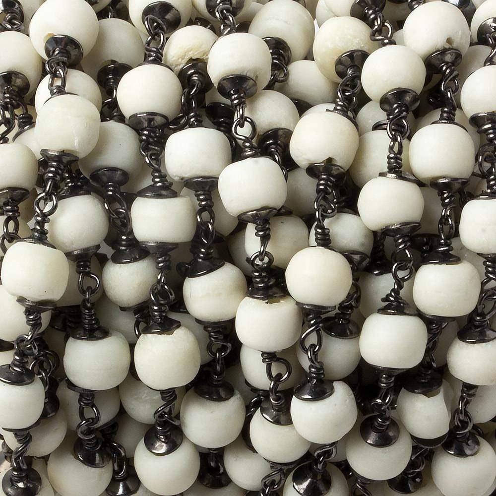 6mm White Ox Bone rounds Black Gold plated Cap and Chain by the foot 21 pcs
