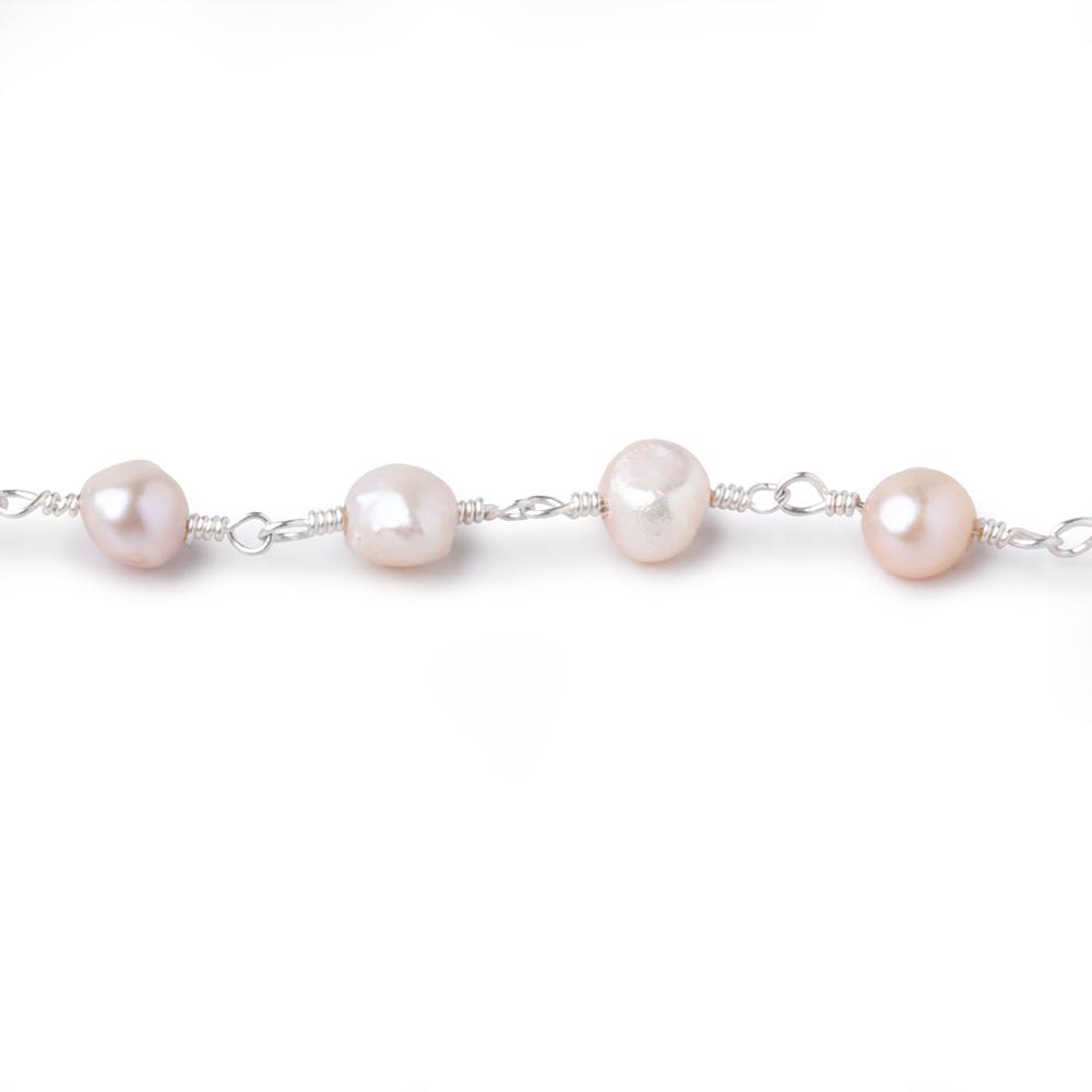 6x5mm Ballet Pink Side Drill Baroque Pearls on Silver Plated Chain
