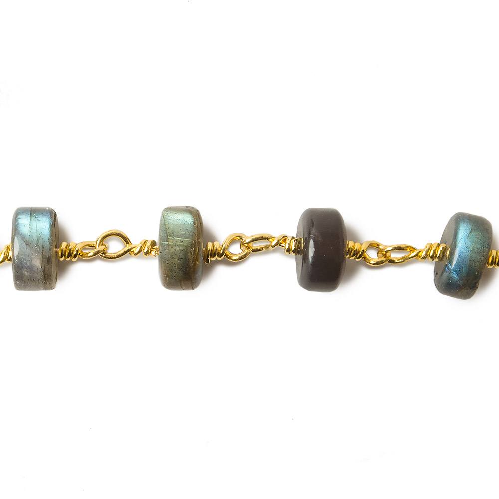 7-7.5mm Labradorite plain rondelles on Gold Plated Chain by the foot