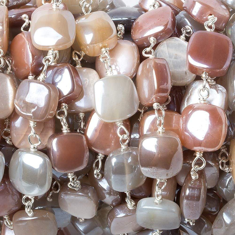 7-7.5mm Mystic Moonstone puffy square .925 Silver Chain by the foot 24 pcs