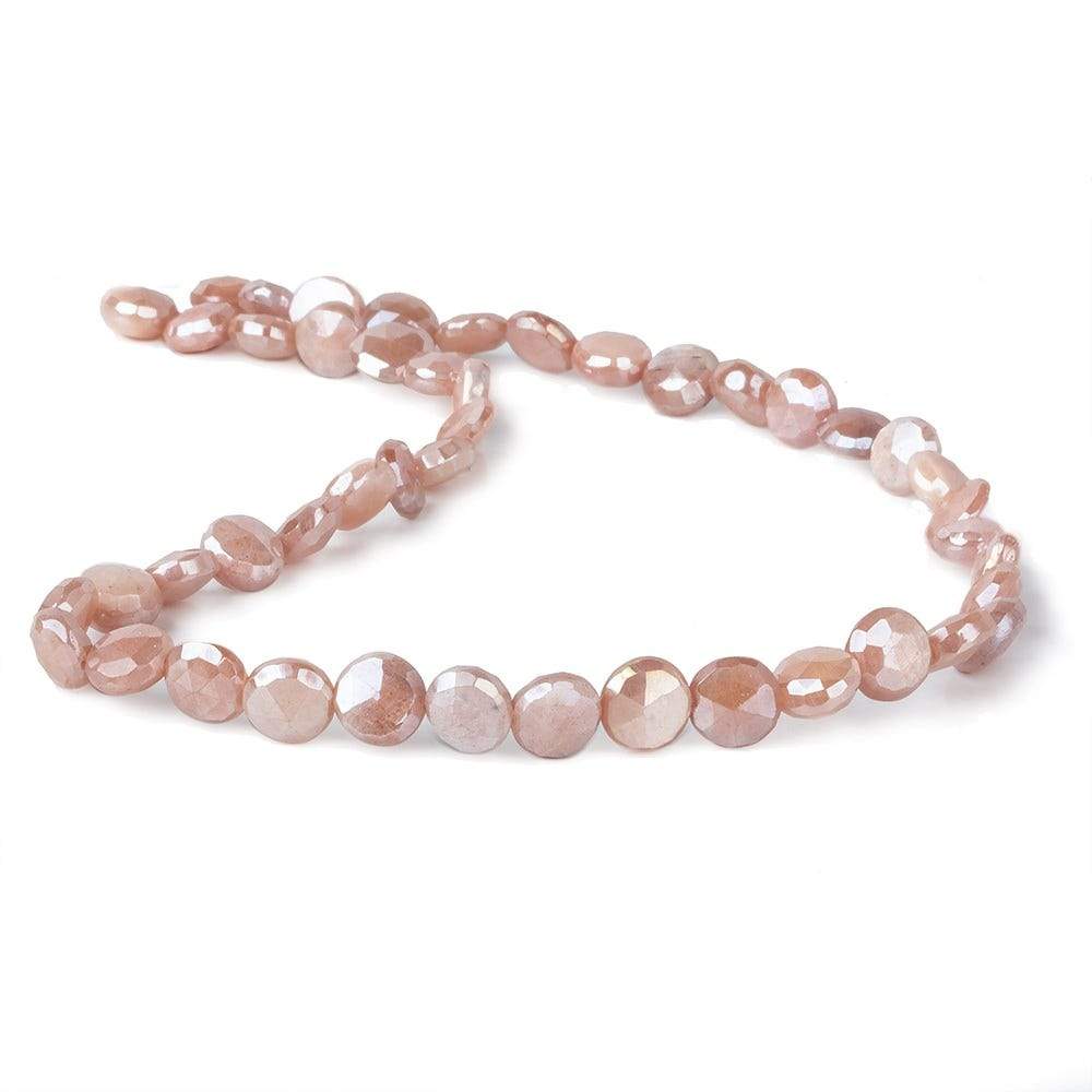 7-8.5mm Mystic Dark Peach Moonstone faceted coins 14 inch 42 beads