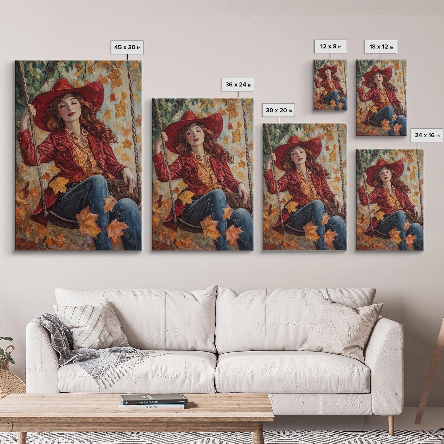 Fall Cowgirl Enjoying Her Swing, Framed Canvas Print, Autumn Decor, Cute Wall Art Gift Idea