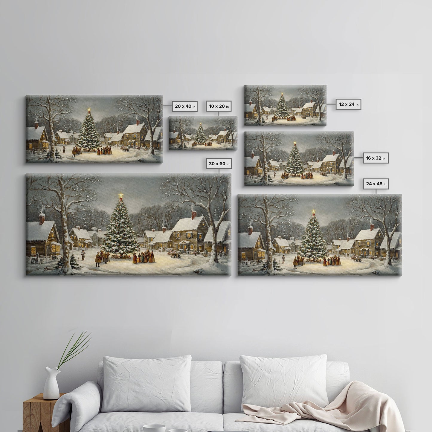 Large Christmas Tree In Snowy Village With Families, Winter Wonderland Holiday Wall Art, Framed Canvas Print, Rustic Christmas Decor