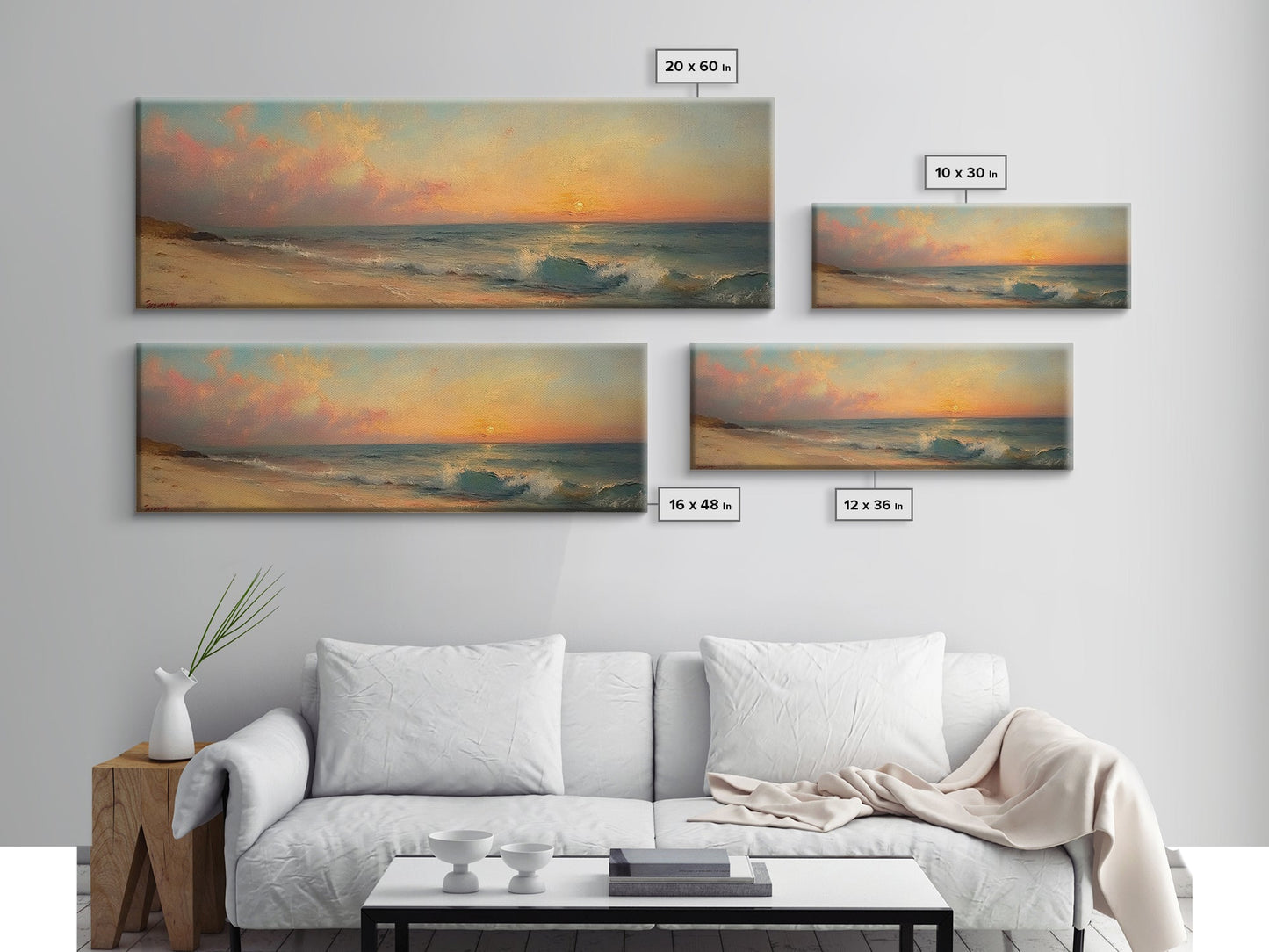 Ocean Waves Crash Into a Hidden Beach at Sunset, Framed Canvas Print, Panoramic Boho Seascape Painting