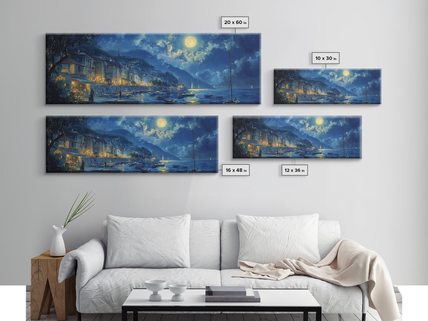 Italian Fishing Village at Midnight Under a Full Moon, Framed Canvas Print, Panoramic Wall Art, Eclectic Boho Home Decor, Wide Oversized Wall Art
