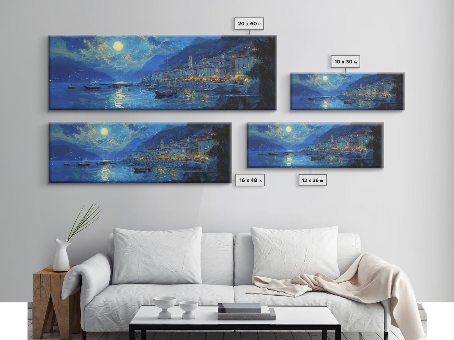 Midnight in Italy - Full Moon - Italian Oil Painting Canvas Print - Whimsical / Eclectic Landscape Painting - Minimalist Boho Home Decor