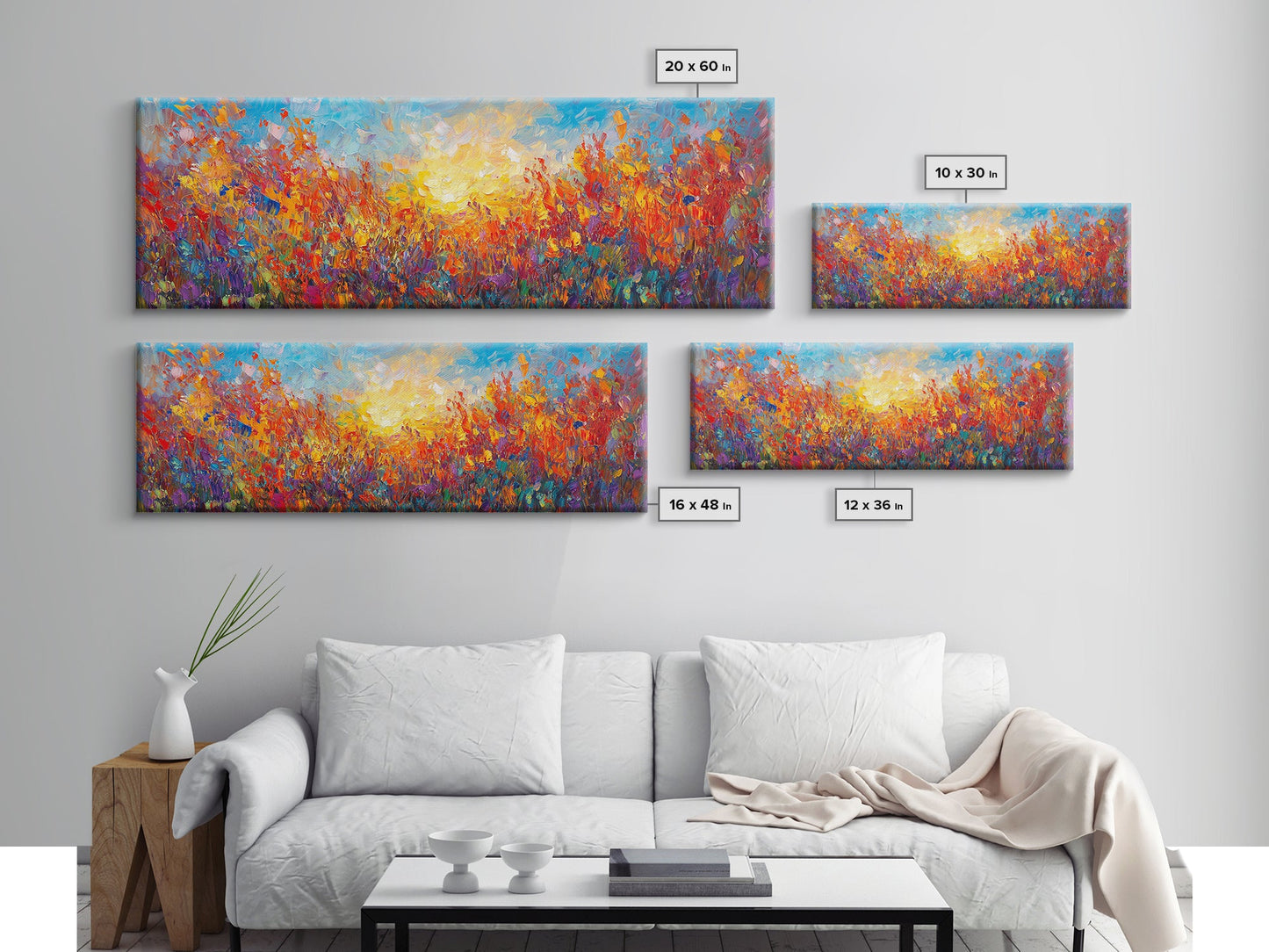 Original Wildflower Painting Print, Panoramic Extra Wide Wall Art, Floral Landscape Custom Rustic Home Decor, Sunset Through The Flowers