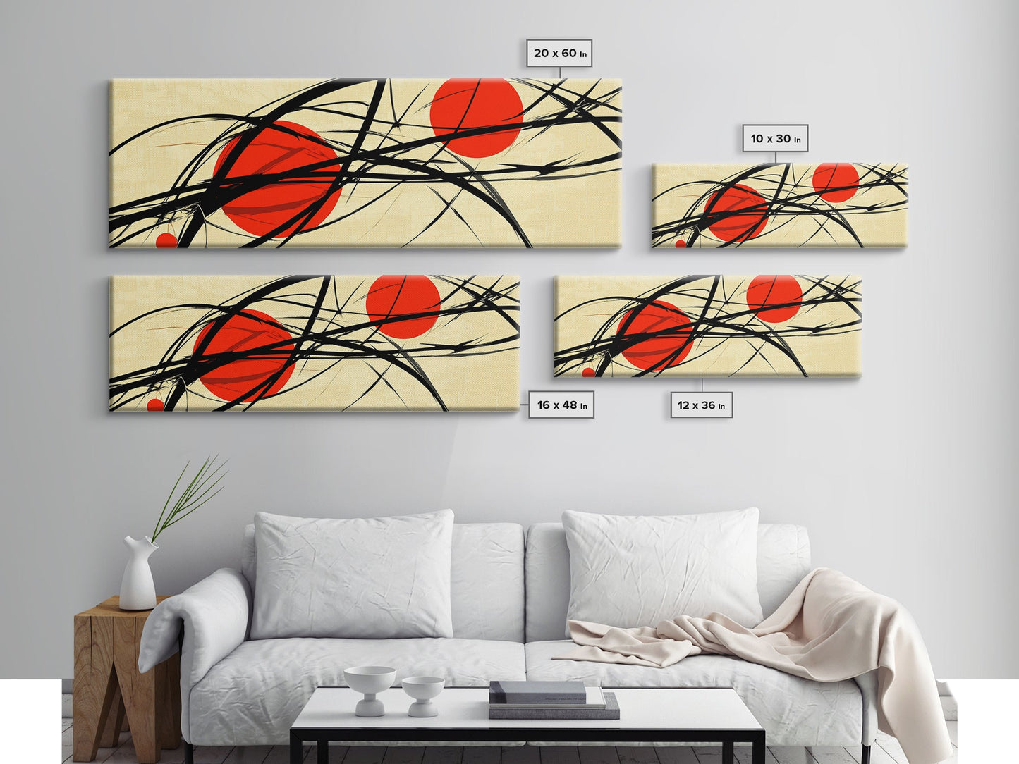 Sun Streaks - 3 Red Suns with Black Streams, Framed Canvas Print, MCM Style Geometric Abstract Wall Art