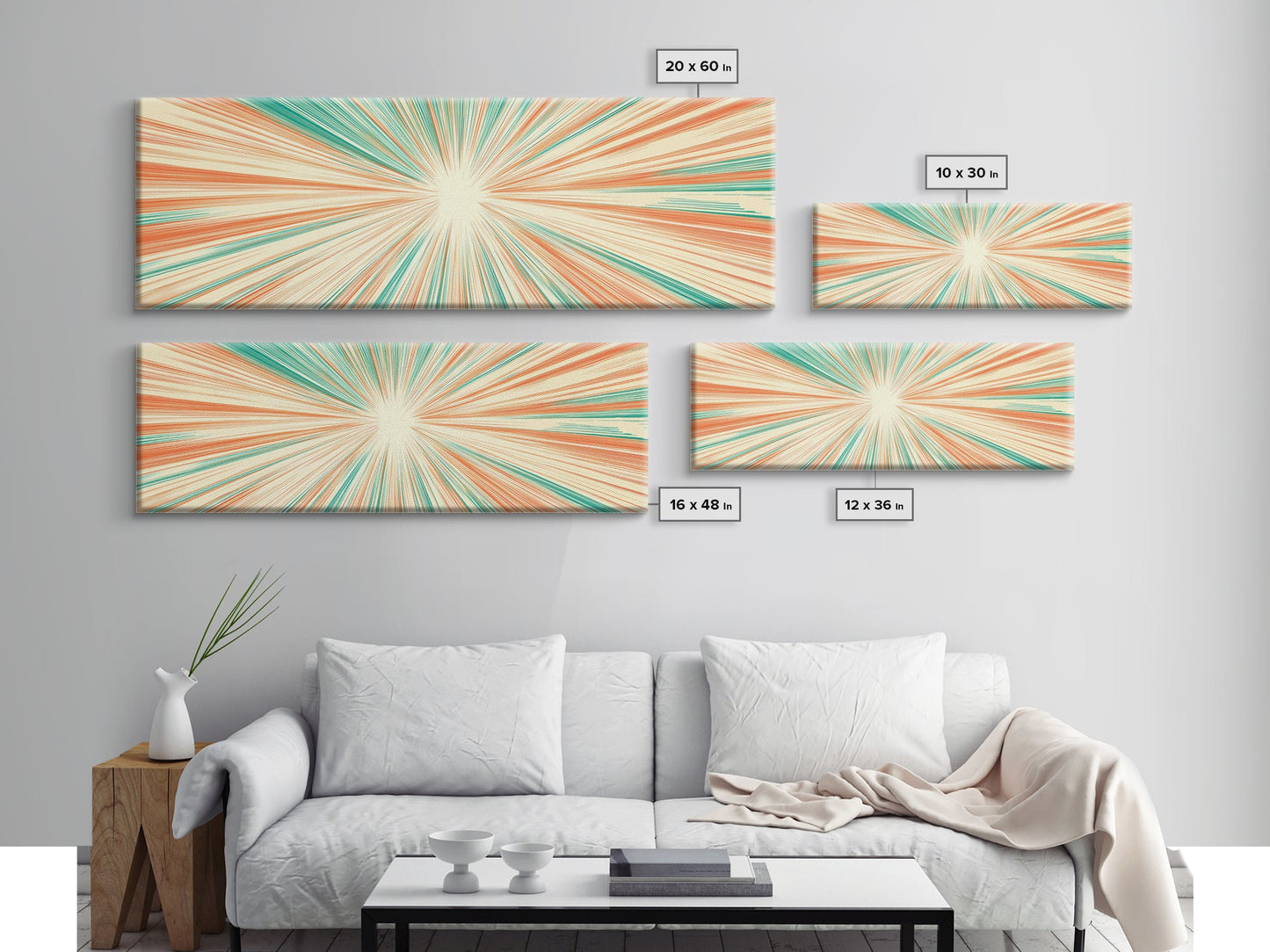 Mid Centery Modern Canvas Print - Framed MCM Style Wall Art, Orange and Green Star Burst - Art Deco Modern Art - Above Sofa Decor
