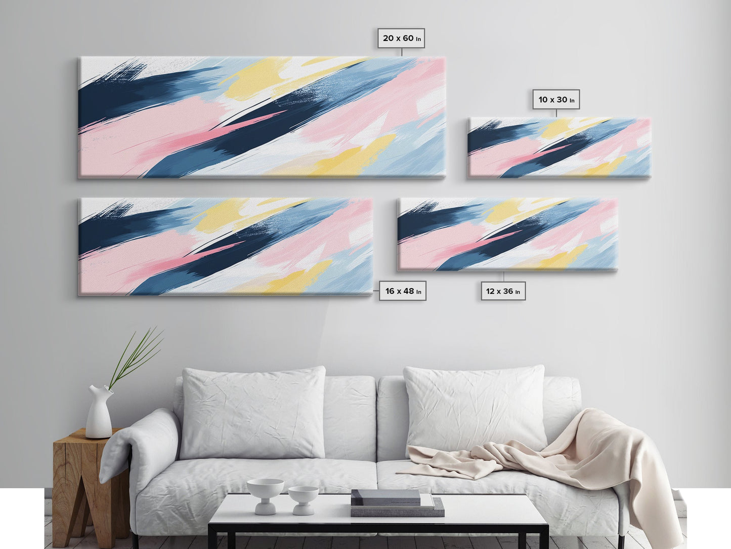 Pastel Abstract Brush Strokes Painting Print, Framed Canvas Art, Panoramic Extra Wide Office Decor, Living Room Or Bedroom Oversized Art